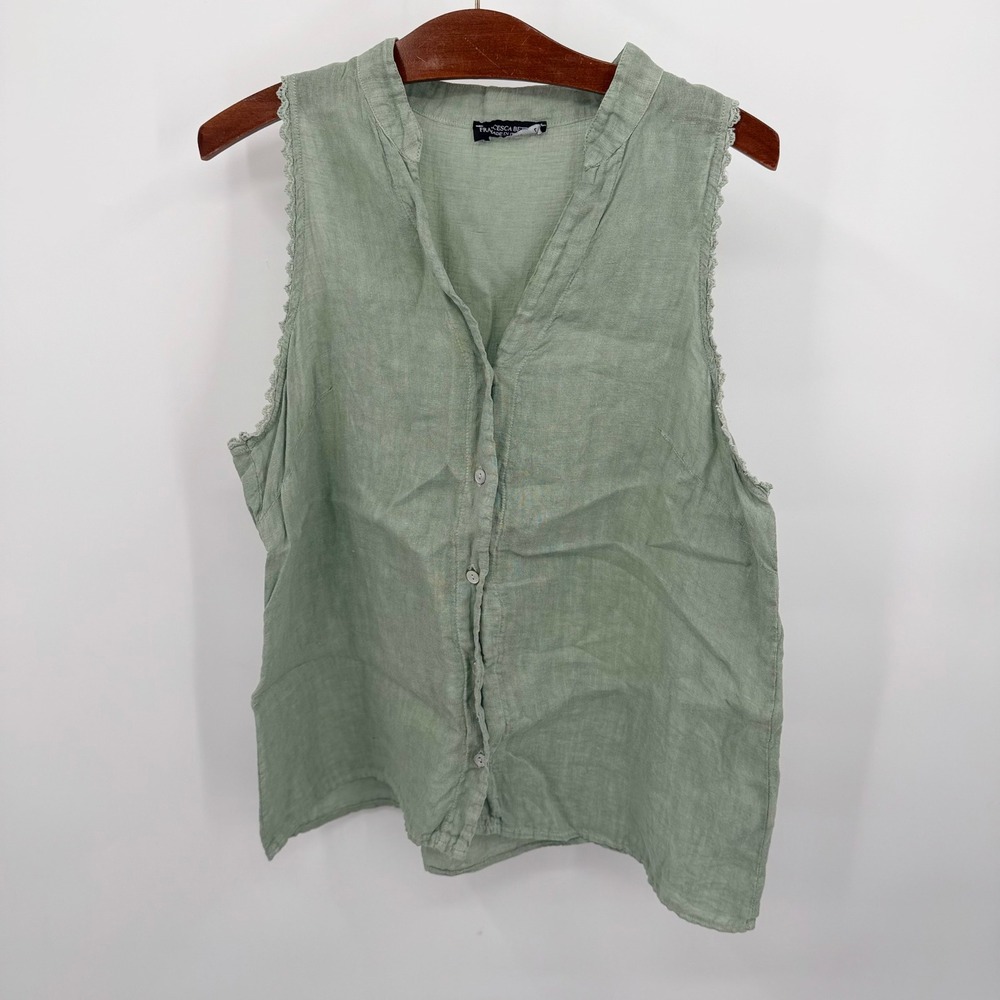 Francesca Bettini Women's Size L Linen Lace Trim‎ Sleeveless Green Olive Top